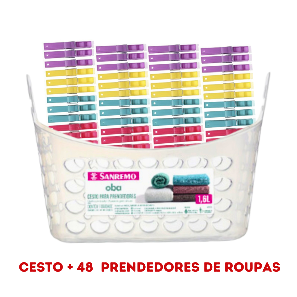 Kit 48 Pregadores De Roupa Varal + 1 Cesto Porta Prendedor Sanremo em Oferta na Shopee