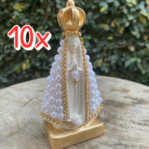 Kit 10 Imagens de Nossa Senhora Aparecida 10cm com Pérola Branca e Strass