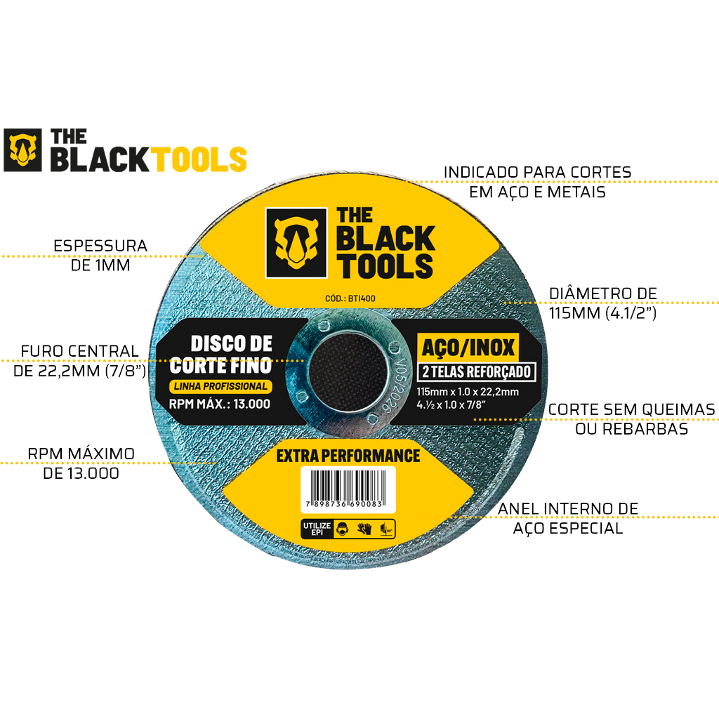 Detalhes do Disco De Corte Fino Inox 4.1/2 X 1,0 Esmerilhadeira 12 Peças The Black Tools