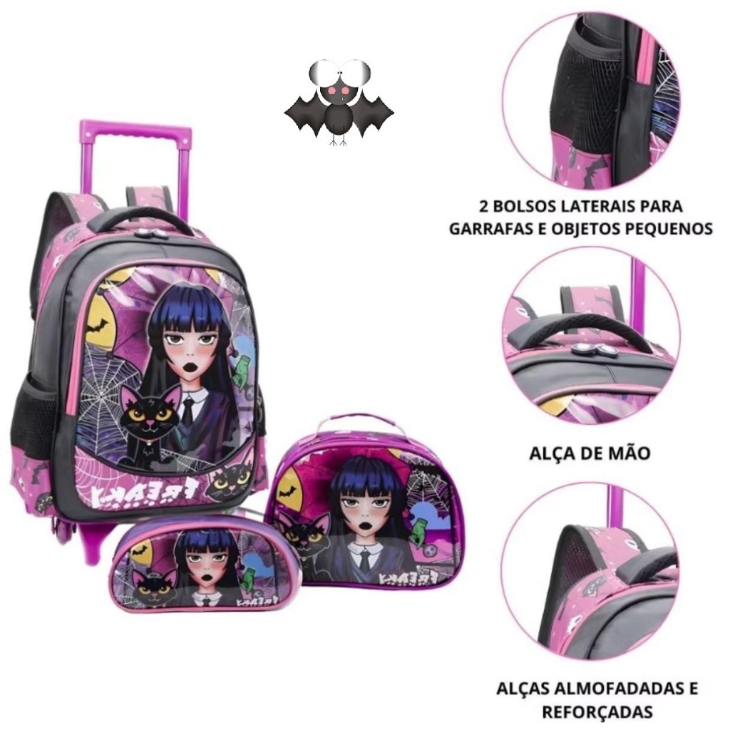 Kit mochila escolar carrinho+lancheira+estojo Wandinha Freaky lilas