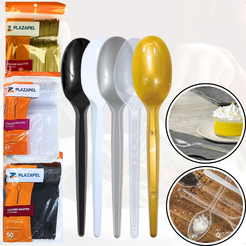 Kit 100 Colheres Descartaveis Sopa Refeição Master Resistente Plastico Jantar Preto Branco Cristal Descartavel Colher em Oferta na Shopee
