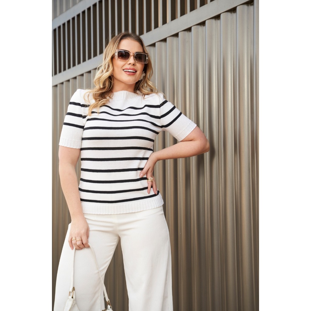 Blusa Feminina Blusinhas Feminina da Moda Elegante Tricot Listrada