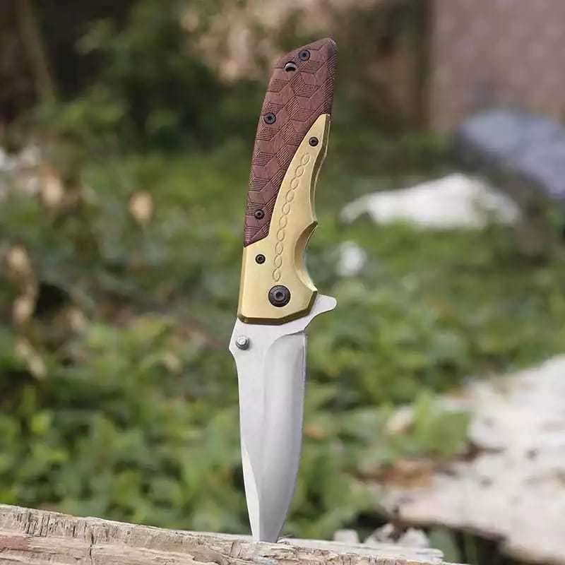 Canivete Gold Aço Inox Madeira Cor Dourado Semi Automático Pesca Camping- Da77
