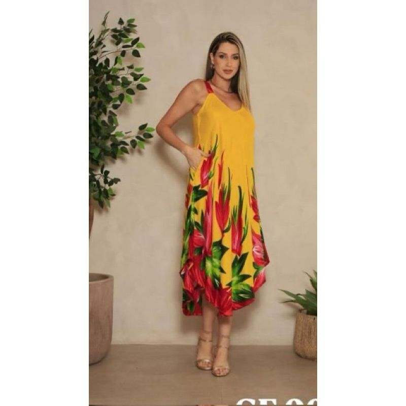 Vestido longo trapezio com bolso estampas Tulipa em Oferta na Shopee