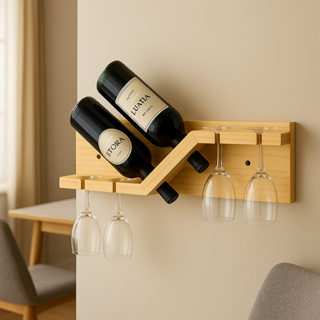 Suporte 4 Taças 2 Garrafas Adega de parede para vinhos em madeira maciça Pinus em Oferta na Shopee