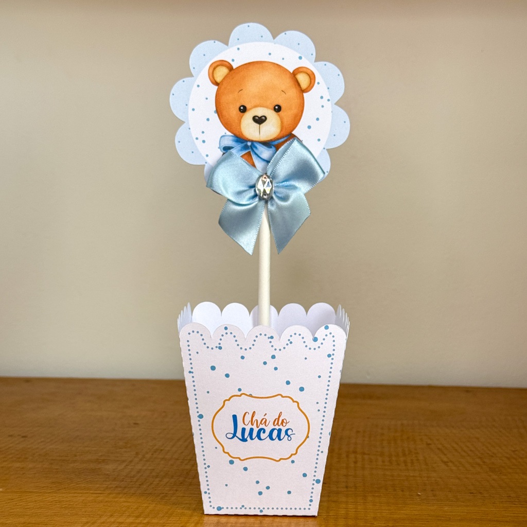 Kit de Centro de mesa Chá de Bebê Ursinho Azul Personalizado | Arranjo Cachepô Lembrancinha Festa