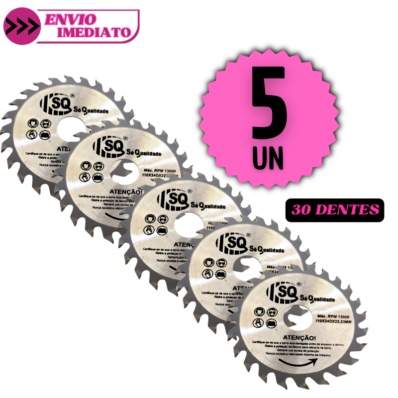 Jogo 5 Disco de Corte 30 Dentes para Madeira 4" Serra Circular Pedreiro Construção