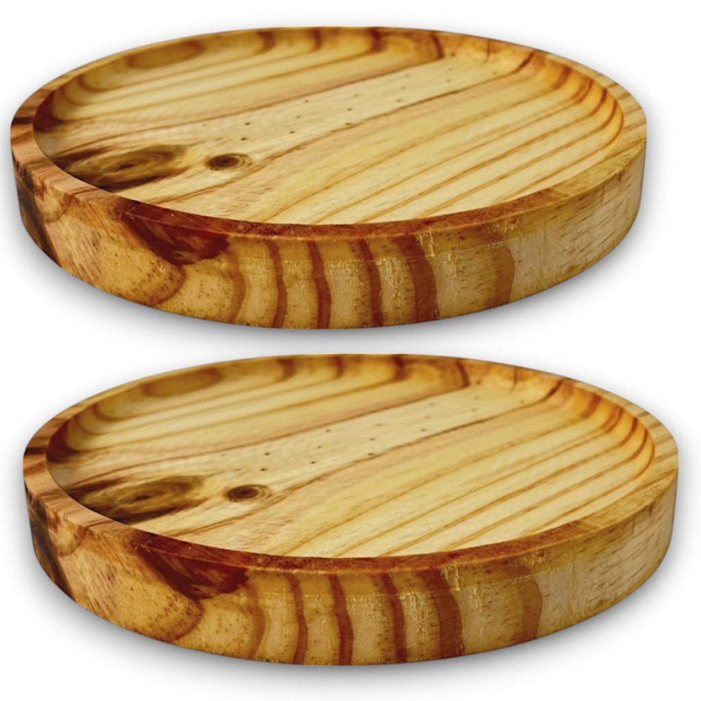 kit 2 Bandejas Redondas Prato Servir Petisqueira Madeira Aperitivos 21 cm