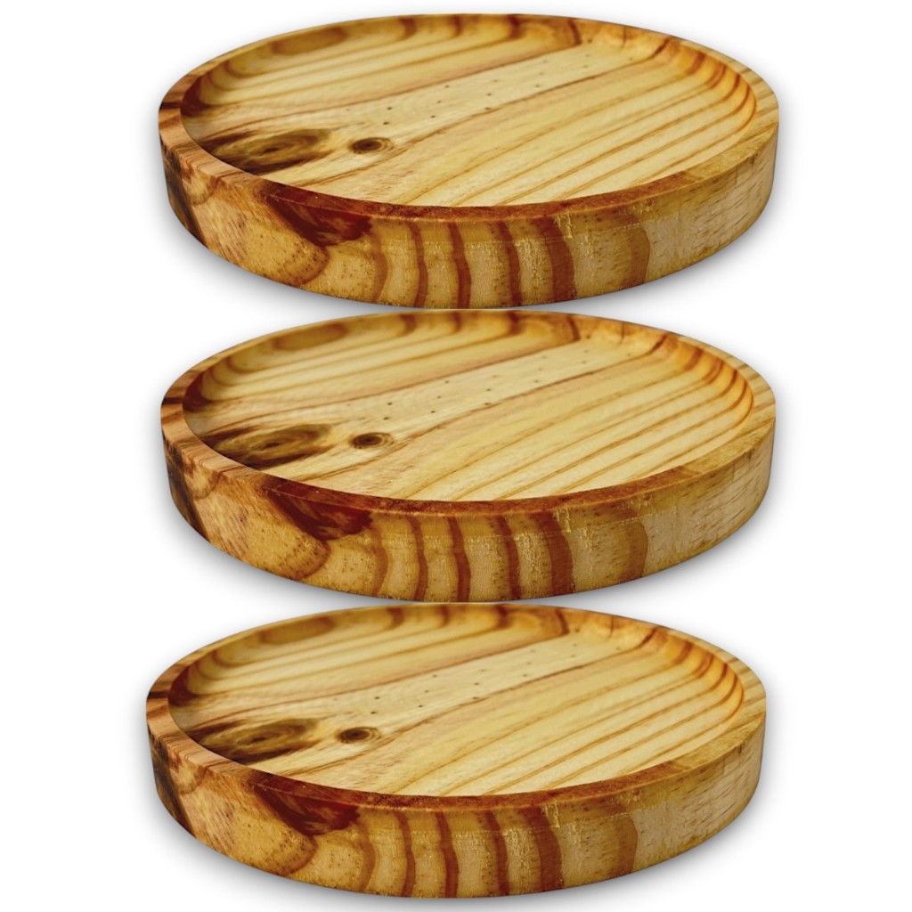 Kit 3 Bandejas Redondas Prato Servir Petisqueira Madeira Aperitivos 21 cm