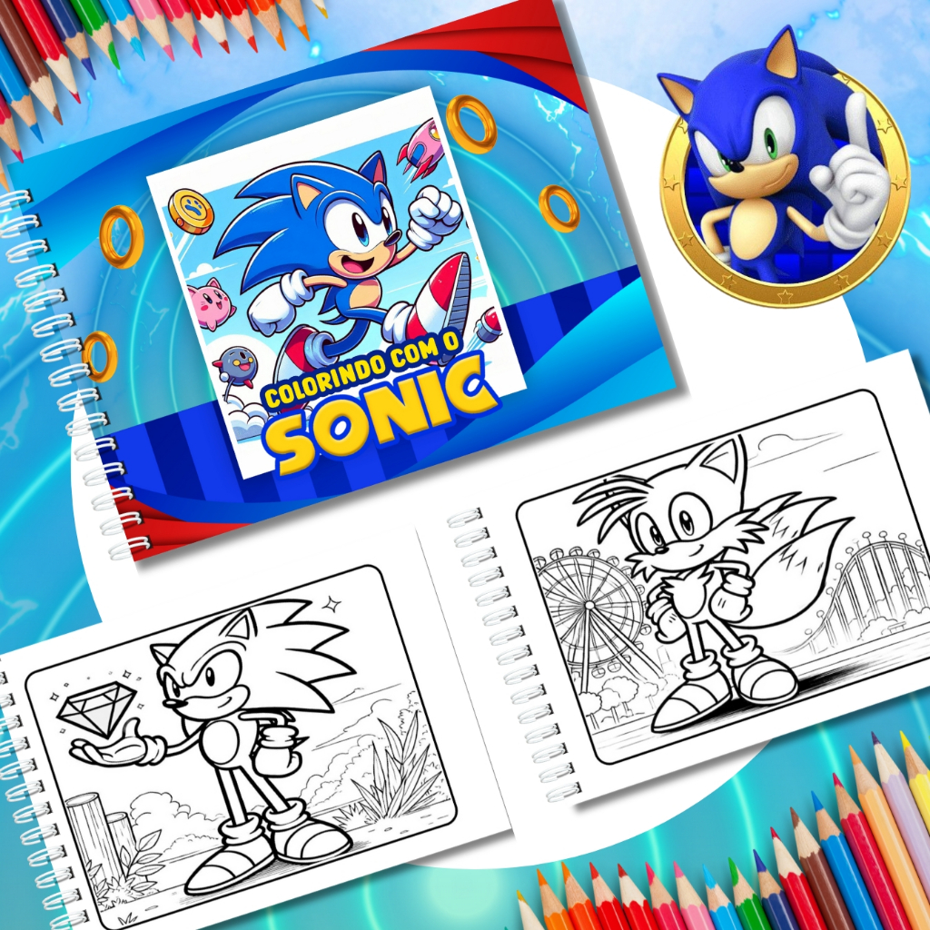 Livro De Colorir Sonic Capa Dura 50 Desenhos Folha A5 180g Capa Dura ENVIO IMEDIATIO!PROMOÇÃO