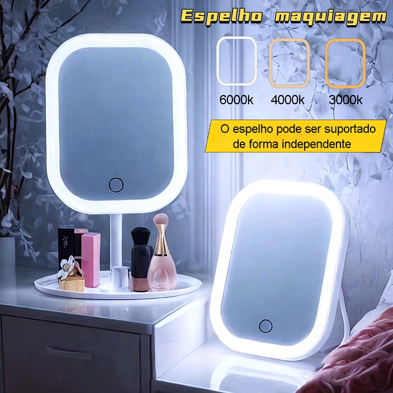 Espelho De Mesa De Maquiagem Recarregável Com LED Portatil Luminaria Carregamento USB Dobrável Ajustável Oval