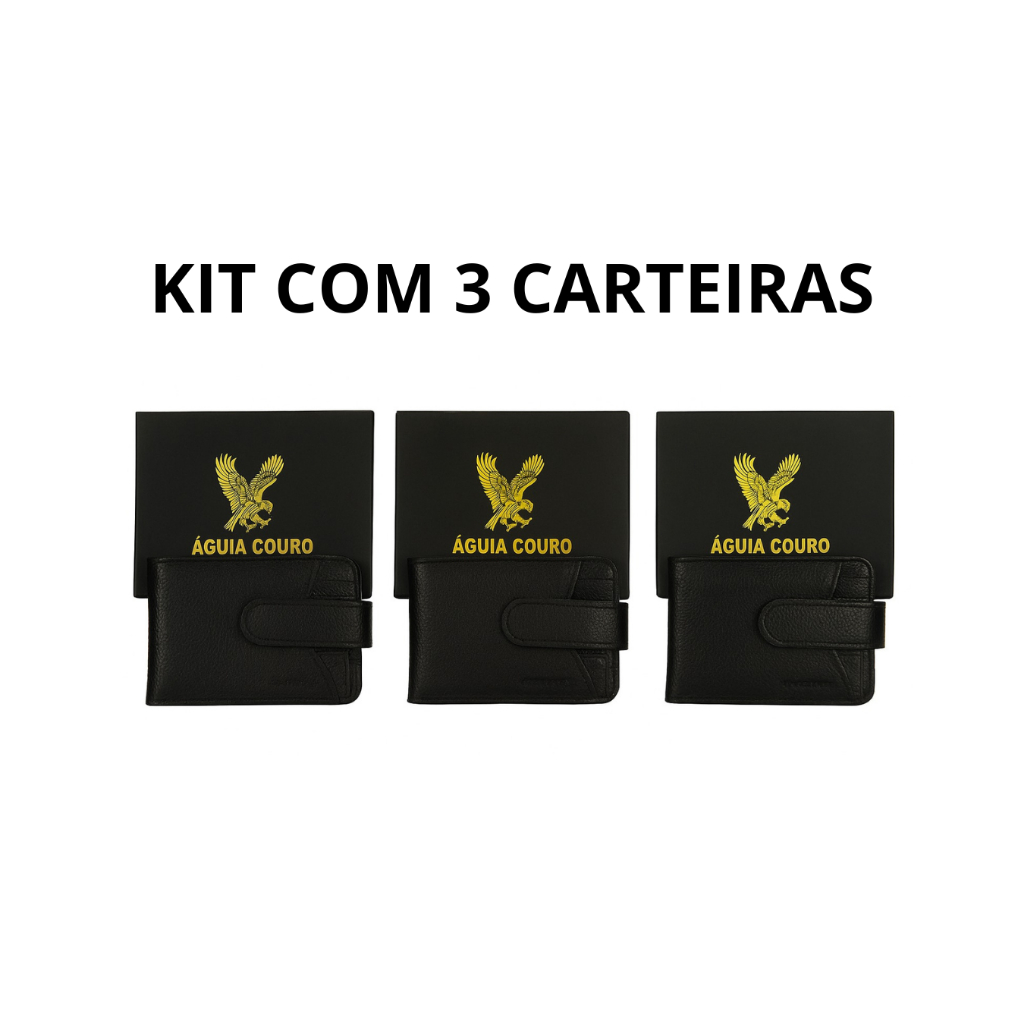 Kit com 3 Carteira Masculina de Couro Legítimo Premium Preto Águia Couro com Fecho completo com Porta Cartão Removível
