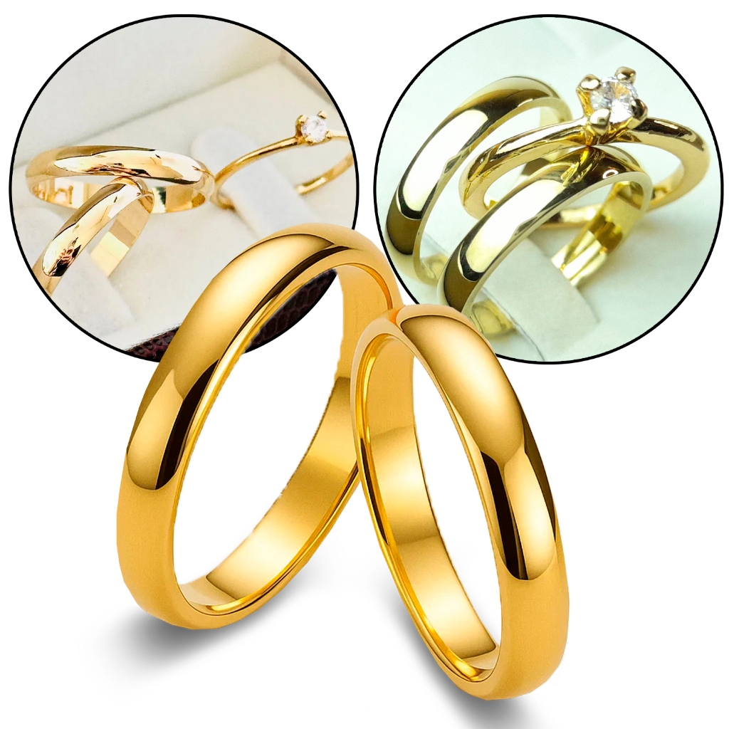 Par De Aliança Moeda Antiga Mais Anel Solitário Casamento Noivado Namoro 4MM Dourada em Oferta na Shopee
