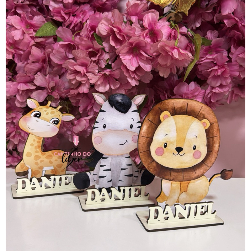 Lembrancinhas Centro de mesa Animais Safari Personalizado com nome para aniversário em MDF adesivado