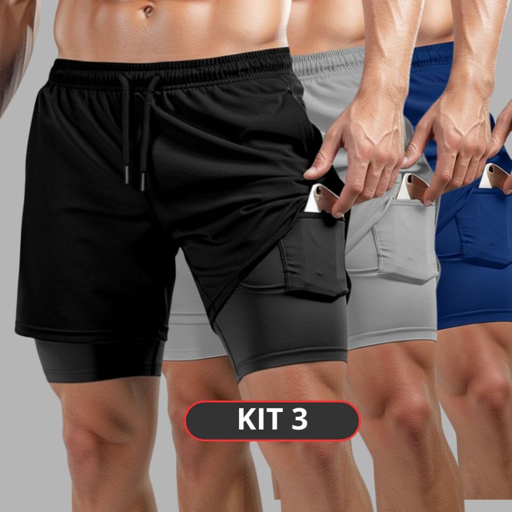 KIT 3 Bermuda Masculina Academia Shorts 2 em 1