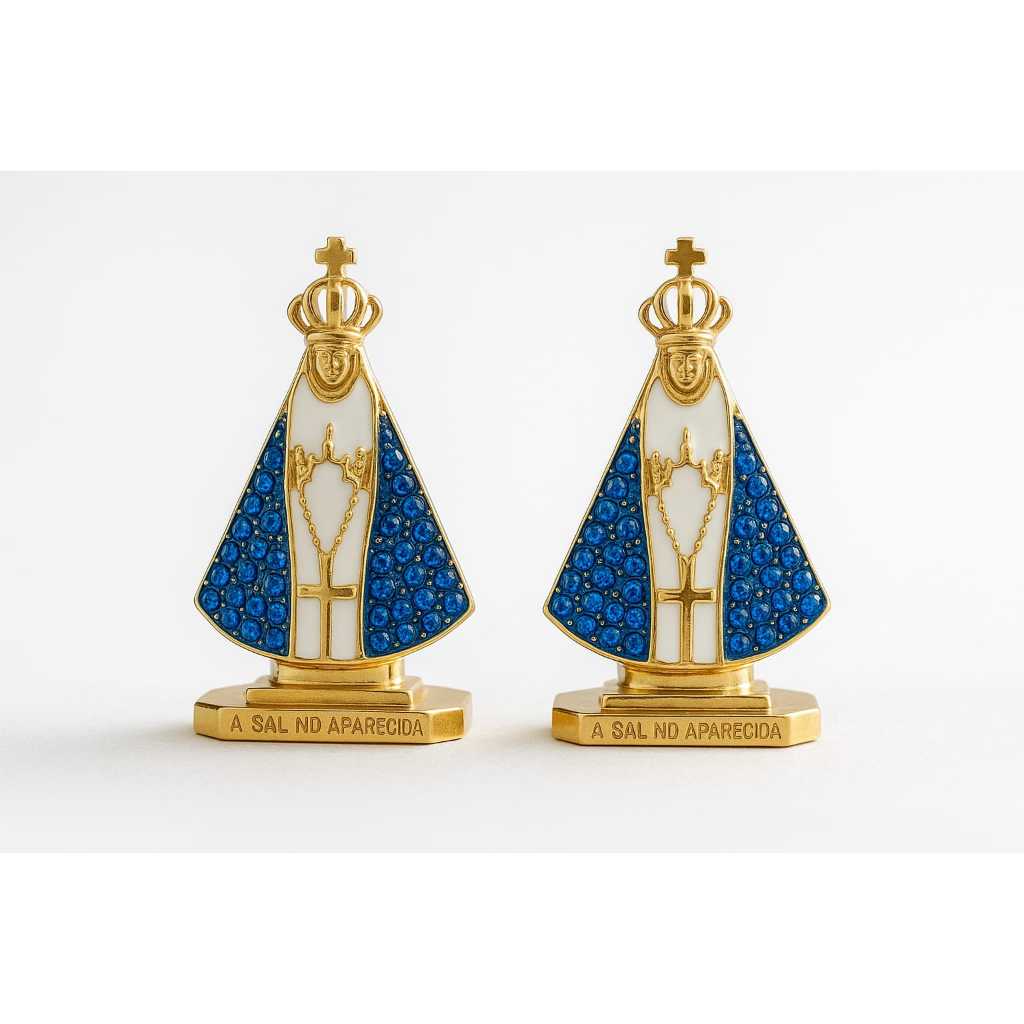 Kit 2 Santinha Nossa  Senhora Aparecida Painel para  Carro Caminhão e Mesa Dupla Face de Metal  Dourado / Plastico