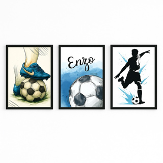 Quadro decorativo 3 peças Personalizado com nome Futebol Chuteira decoração quarto de menino em Oferta na Shopee