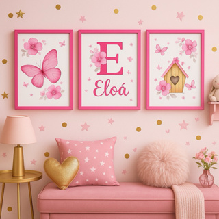 Quadro decorativo 3 peças Borboletinha Pink personalizado com nome quarto de menina em Oferta na Shopee
