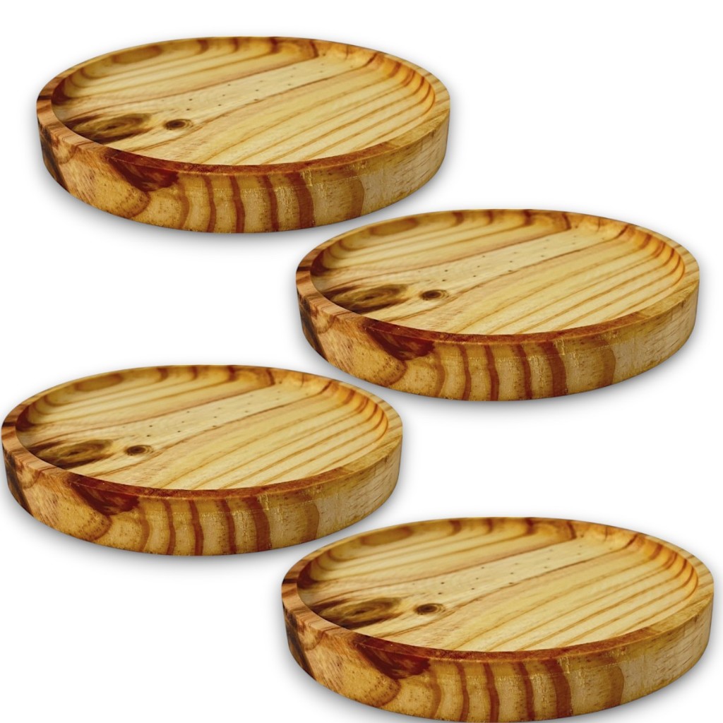 kit 4 Bandejas Redondas Prato Servir Petisqueira Madeira Aperitivos 21 cm