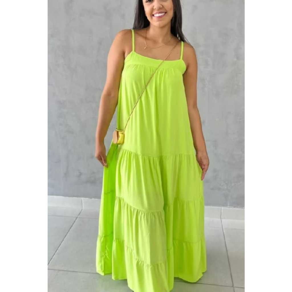 Vestido Feminino Longo de Alça Fina - Look Casual - Soltinho em Oferta na Shopee