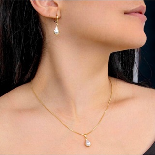 Kit 2 colar e brincos com pingente de pérola em formato de gota, banhados a prata 925 ou ouro 18k em Oferta na Shopee