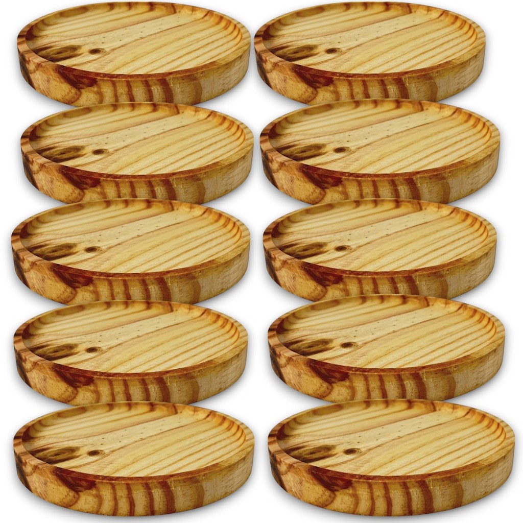 kit 10 Bandejas Redondas Prato Servir Petisqueira Madeira Aperitivos 21 cm
