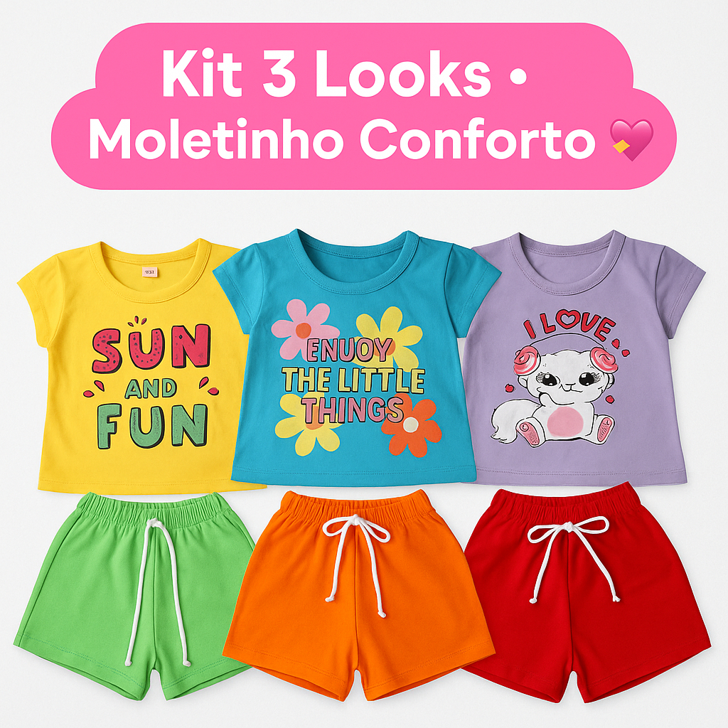 Kit 3 Conjuntos Infantis Femininos (6 Peças) | Short Moletinho + Blusinha Estampadas variadas 👧💖