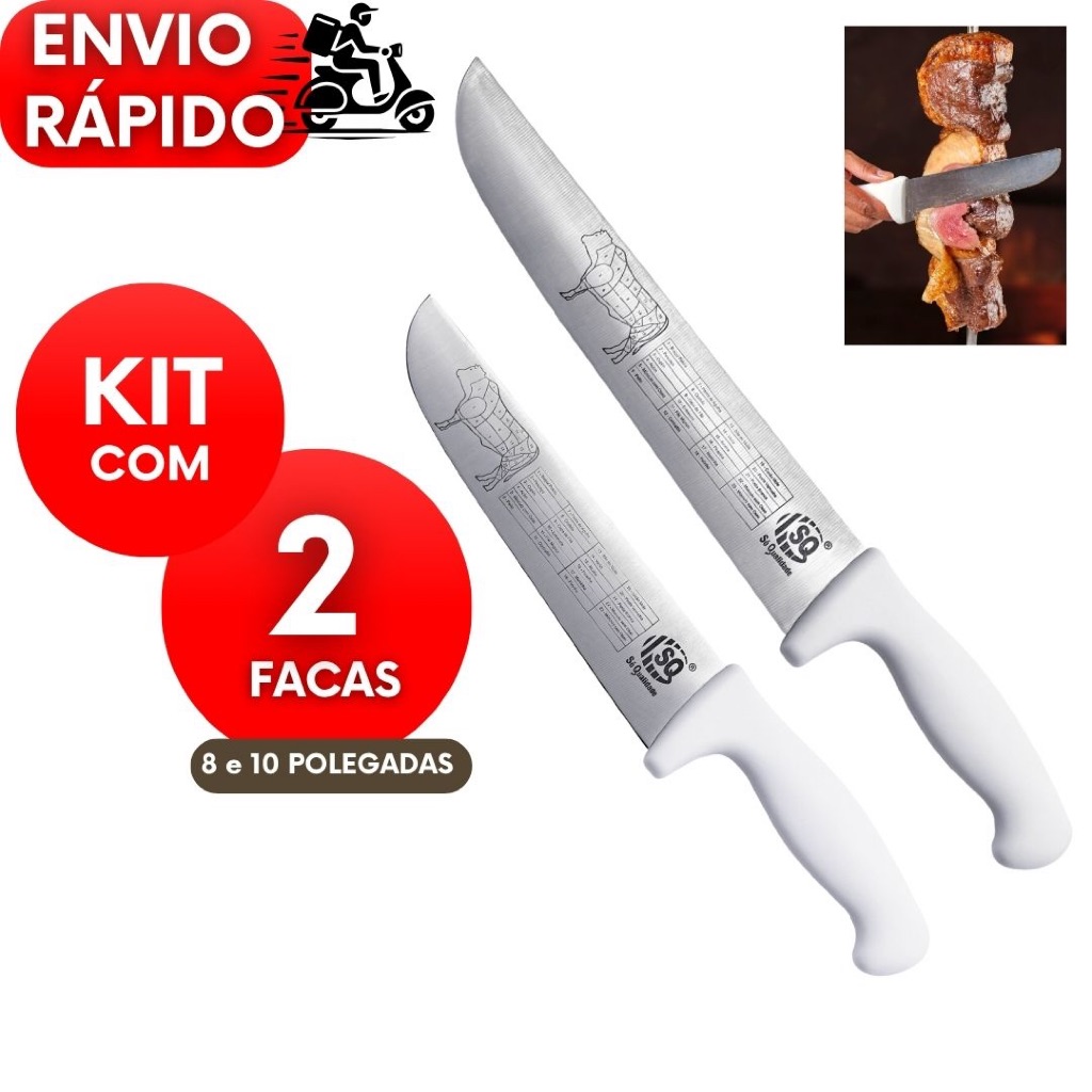 Kit 2 Facas Profissionais 10" e 8” Inox Cabo Branco Ideal para Açougueiro e Churrasco em Oferta na Shopee