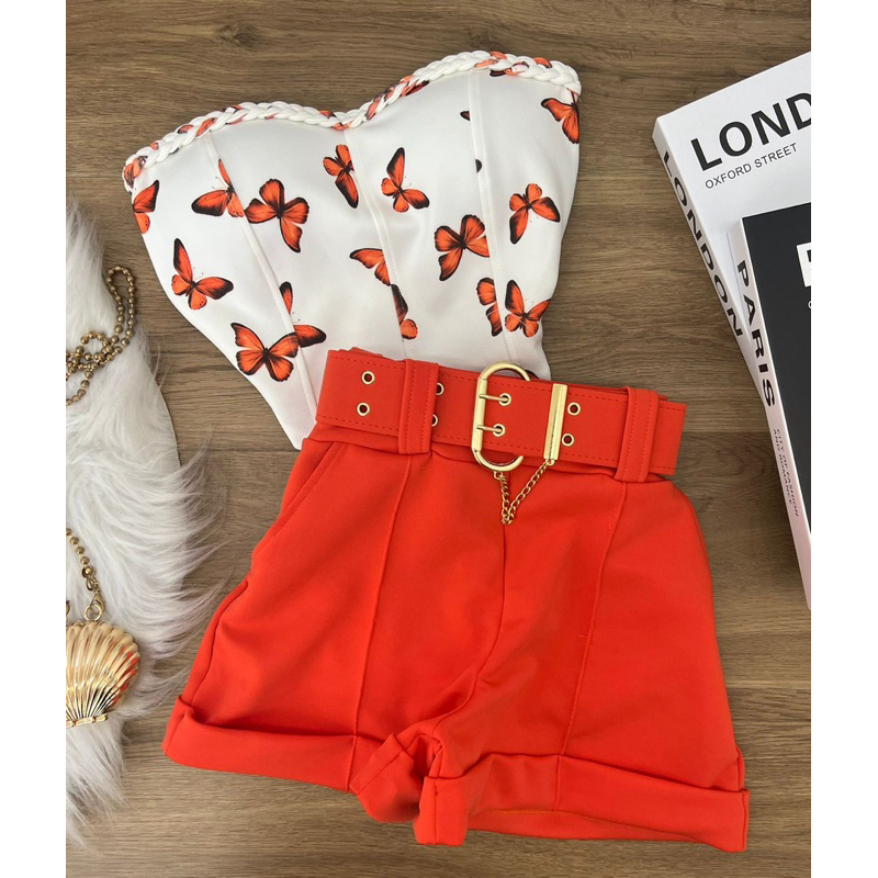 Conjunto De Short e Cropped + Cinto Tomara Que Caia Borboleta
