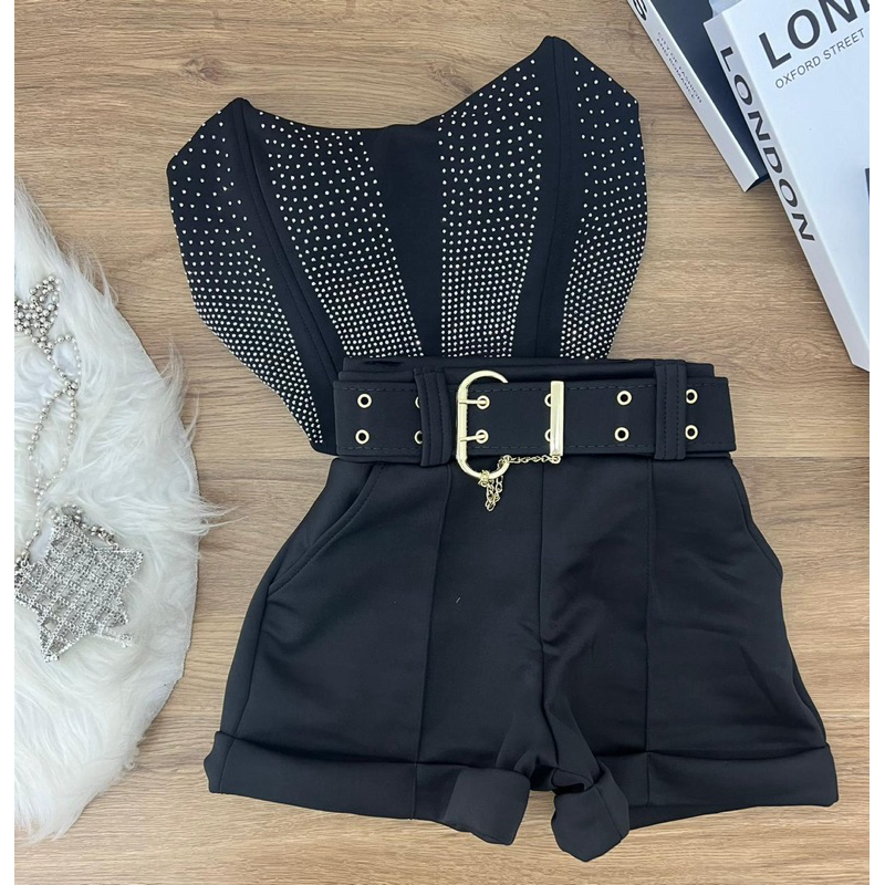 Conjunto Cropped corset e Short apricação strass com zipe