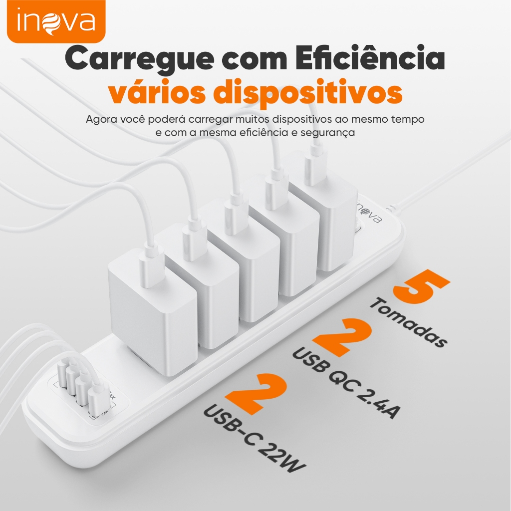 INOVA Filtro De Linha Extensão Eletrica Regua De Tomada Com Usb tomada inteligente tomada 10 amperes estencao de tomada — imagem 2 de 2