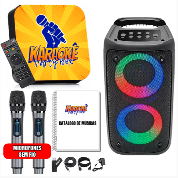 Karaoke Party Box Profissional +2 Microfones S/Fio + Caixa de Som + Catalogo Impresso(Com Pontuação)
