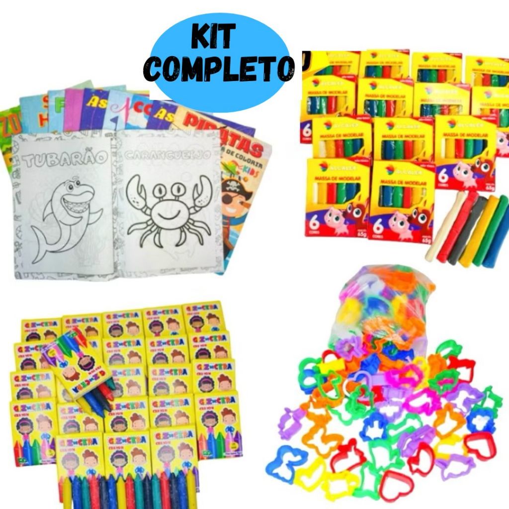 15 Massinha Modelar + 15 Giz de Cera + 15 Colorir + 30 Cortador p/ Kit Festa Lembrancinha Infantil