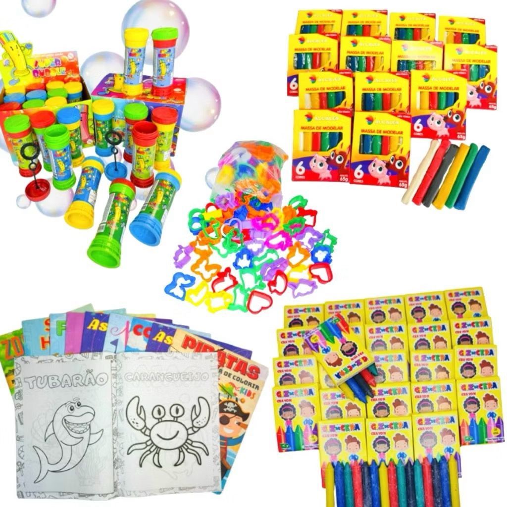 Kit 10 Massinha Modelar + 10 Bolha Sabão + 10 Giz Cera + 20 Molde + 10 Livrinhos de Colorir Lembrancinha Infantil em Oferta na Shopee
