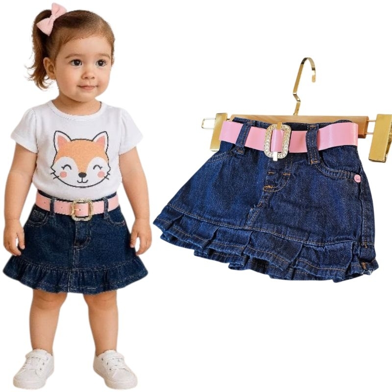 Saia Jeans Infantil Menina com Babado e Cinto Ajustável | Confortável 2 a 4 anos
