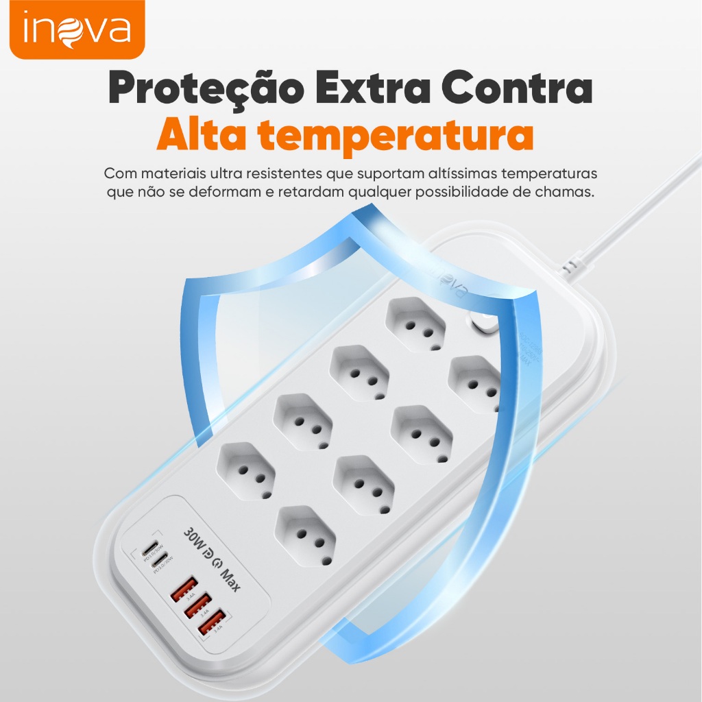 INOVA 2M Régua Filtro Linha 15 Tomadas Proteção 3+2 USB Carregamento Rápido Type-C 22W 30W 110/220