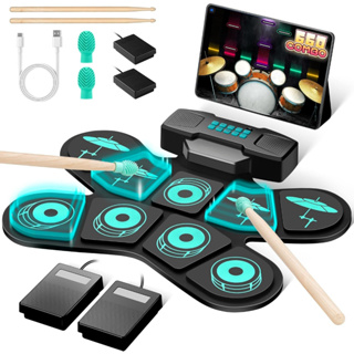 Conjunto de bateria eletrónica de 9 pads com baquetas e pedais Kit de bateria portátil para prática Conjunto de bateria em Oferta na Shopee