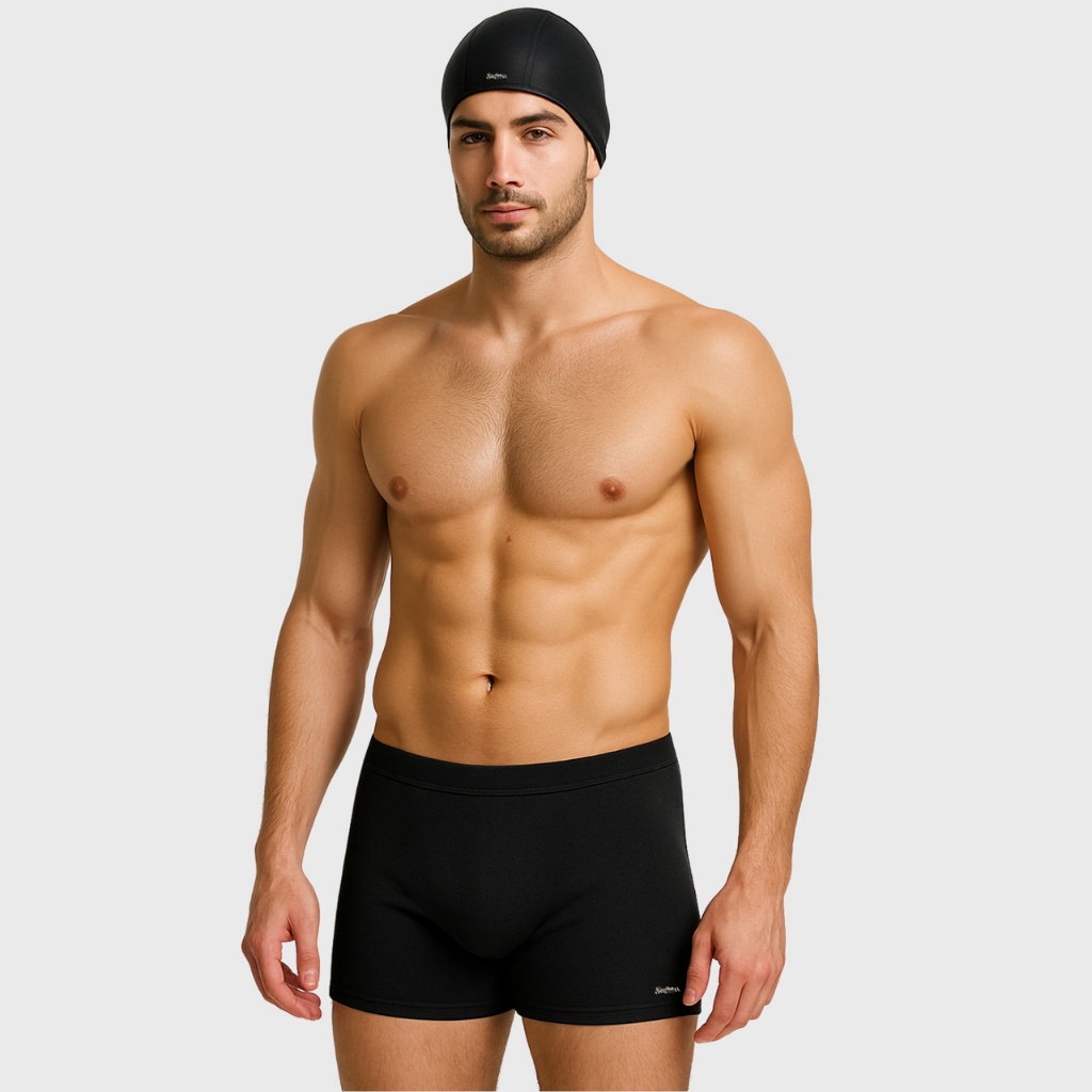 Kit Adulto Masculino Sunga Boxer Box Lisa Proteção Moda Praia Touca Touquinha Natação Hidroginastica
