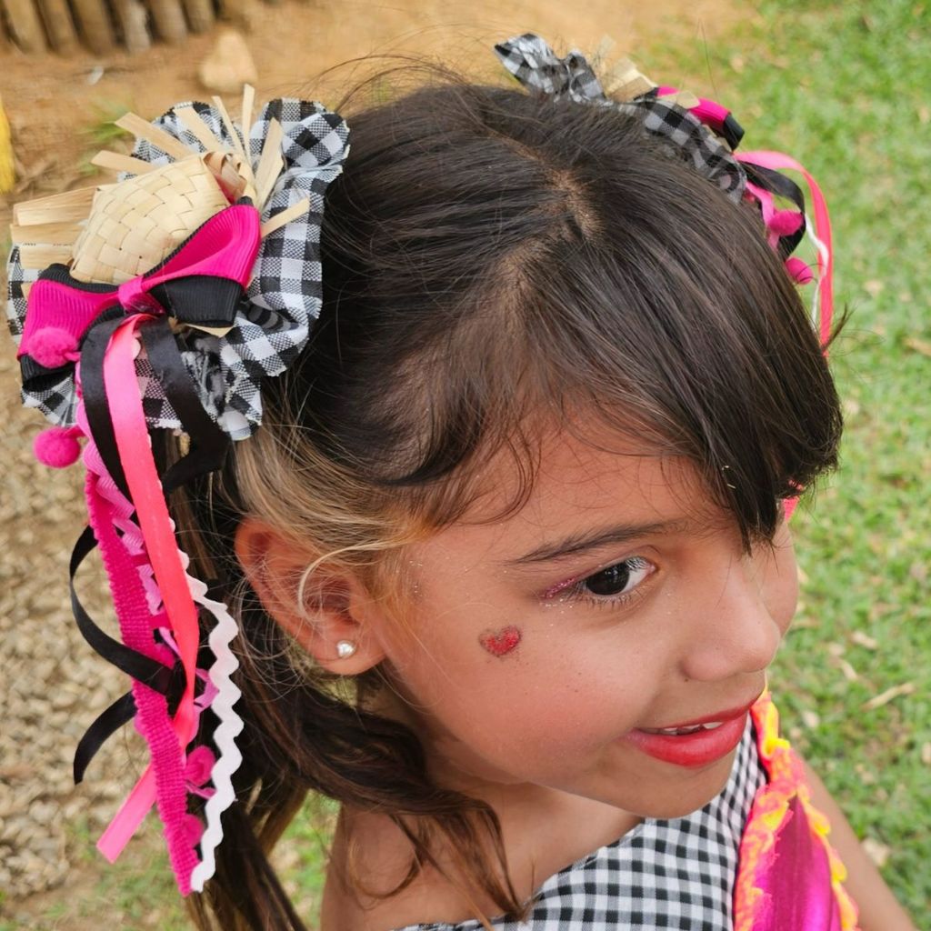 Kit presilha de Cabelo Festa Junina Laço Infantil Preto e Rosa