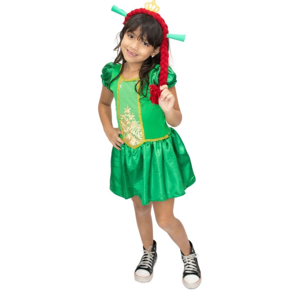 Fantasia da Fiona Infantil Princesa com Tiara e Vestido Temático para Festa ou Cosplay