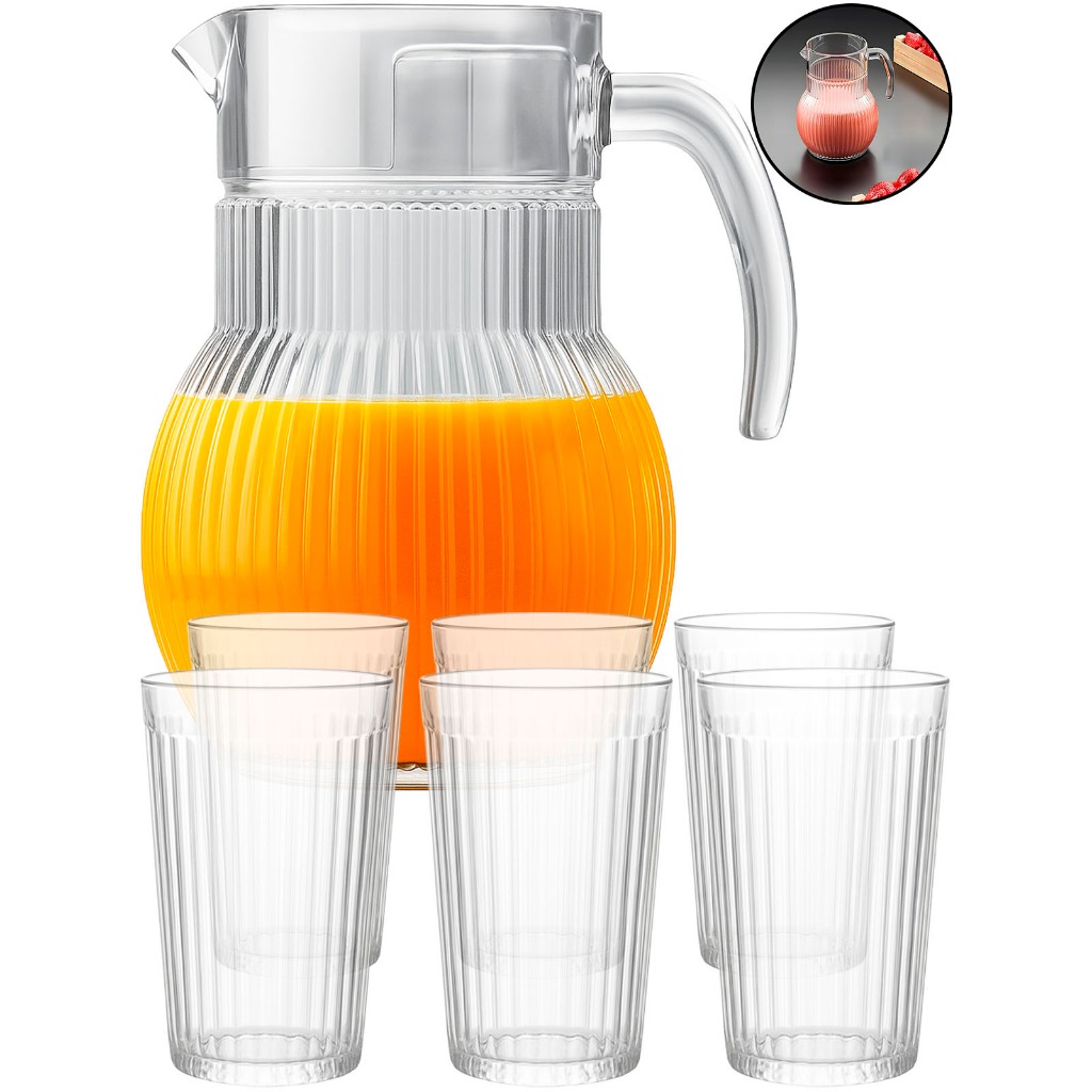 Conjunto 6 Copos 230ml + Jarra De Vidro Com Tampa Alça 1 Litro Para Água Sucos Bebidas	 - Home & Living