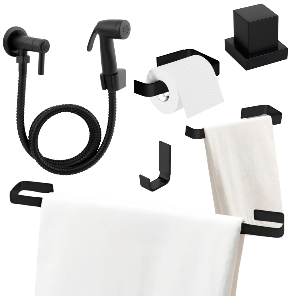 Kit Acessórios de Banheiro Lavabo Preto + Ducha Pop + Acabamento de Metal Padrão Deca Meta...