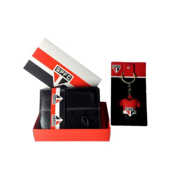 Kit Carteira Compacta São Paulo Pesponto Couro Legítimo Original+Chaveiro