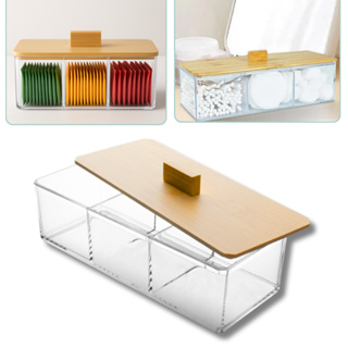 Caixa Organizadora Acrílica Porta Saches De Chá Porta Joia Com 3 Divisórias E Tampa De Bambu em Oferta na Shopee