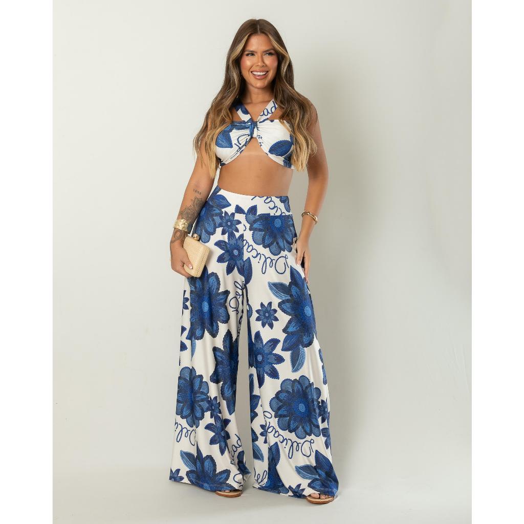 Conjunto Feminino CALÇA MEL  + TOP PRI -  conjunto calça pantalona + cropped estampado tendencia  estampa flores floral