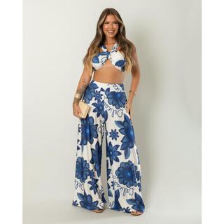 Conjunto Feminino CALÇA MEL  + TOP PRI -  conjunto calça pantalona + cropped estampado tendencia  estampa flores floral