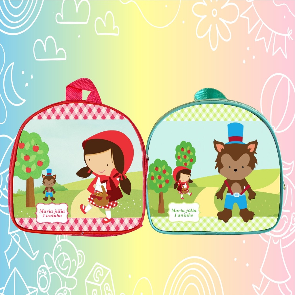 10 Mochilinhas chapeuzinho vermelho personalizadas para lembrancinha de aniversario infantil - todos os temas
