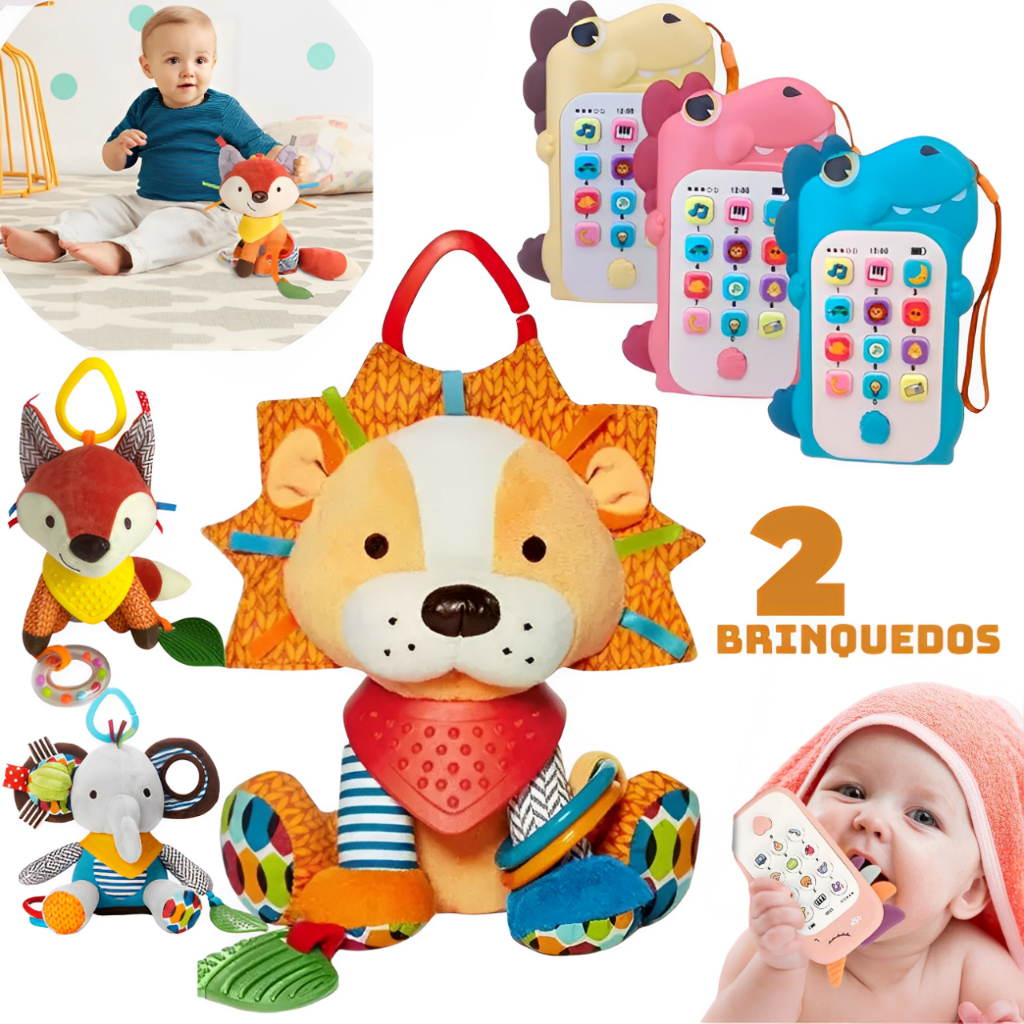 Chocalho Mordedor Bebê Pelúcia + Celular Musical Eletrônico Interativo Infantil Brinquedo Educativo
