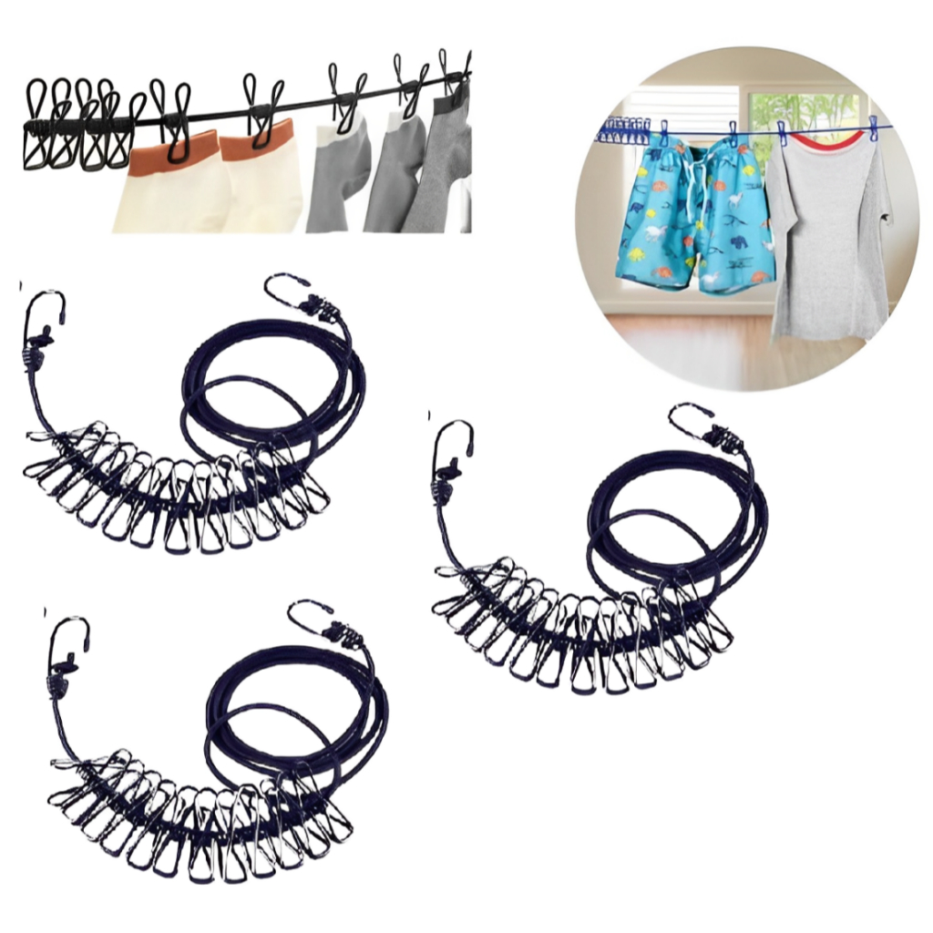 Kit 3 Varal Elástico Portátil Secagem De Roupa Com 12 Grampos Multifuncional
