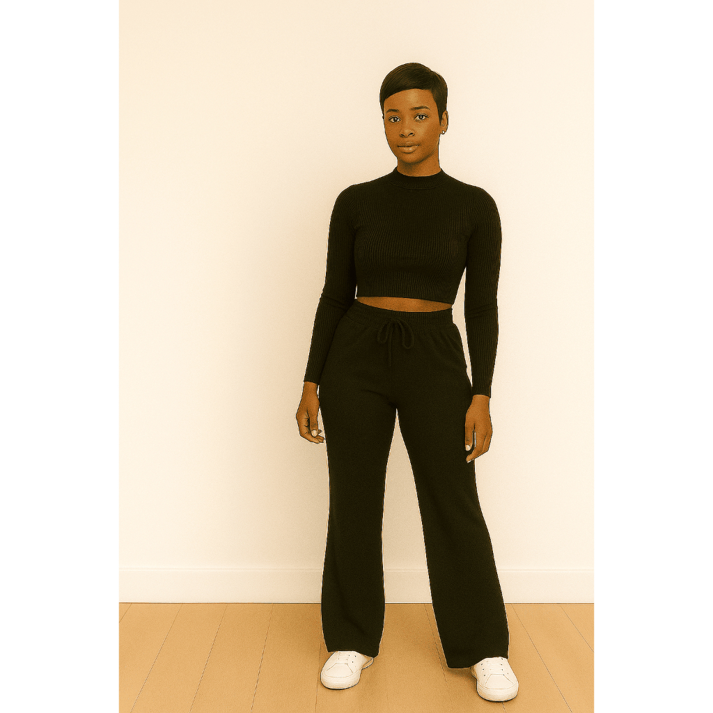 Conjunto Maysha calça moletinho pantalona – soltinha, leve e elegante – e o cropped canelado de manga longa.